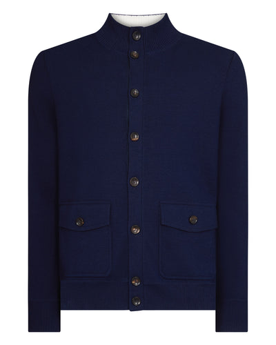 N.Peal Men's Button Through Cotton Blend Bomber Deep French Blue