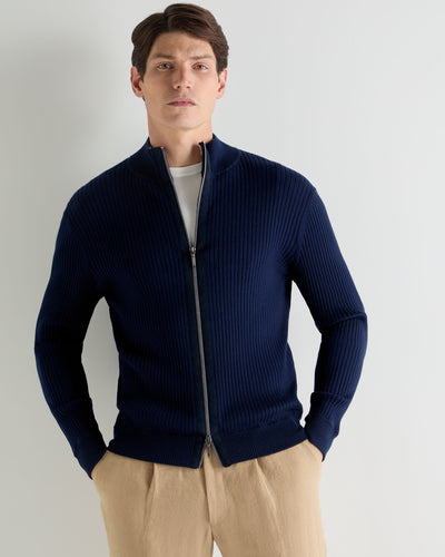 N.Peal Men's Wide Rib Zip Through Cotton Blend Jumper Deep French Blue