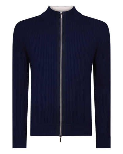 N.Peal Men's Wide Rib Zip Through Cotton Blend Jumper Deep French Blue