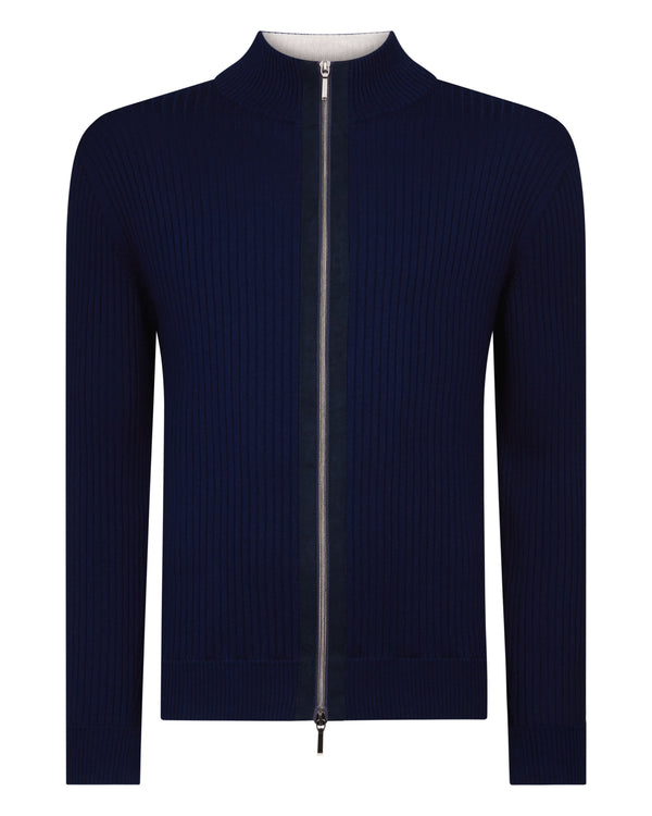 N.Peal Men's Wide Rib Zip Through Cotton Blend Jumper Deep French Blue