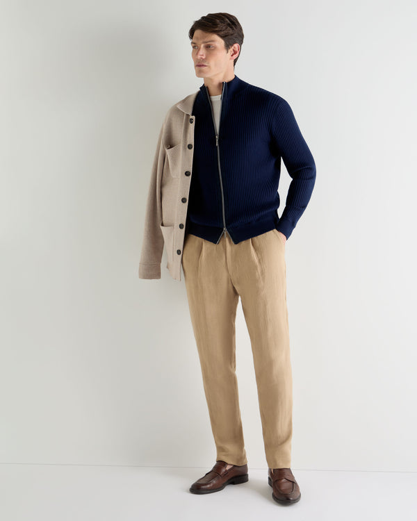 N.Peal Men's Wide Rib Zip Through Cotton Blend Jumper Deep French Blue