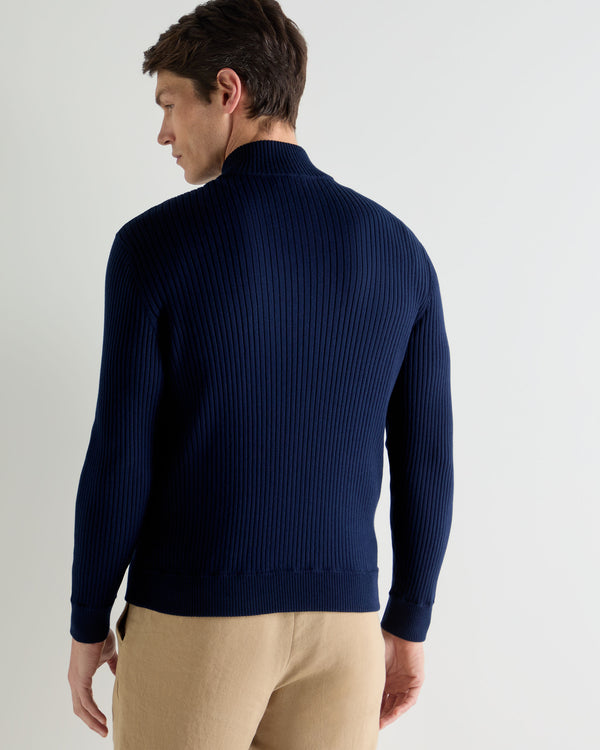 N.Peal Men's Wide Rib Zip Through Cotton Blend Jumper Deep French Blue