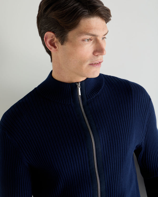 N.Peal Men's Wide Rib Zip Through Cotton Blend Jumper Deep French Blue