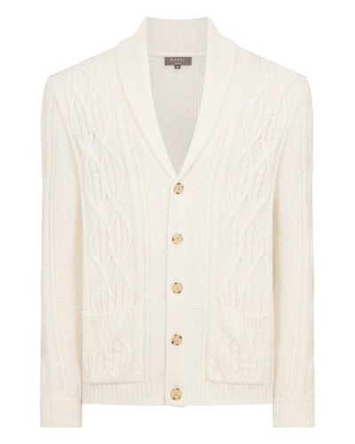 N.Peal Men's Cable Shawl Cotton Blend Cardigan New Ivory White