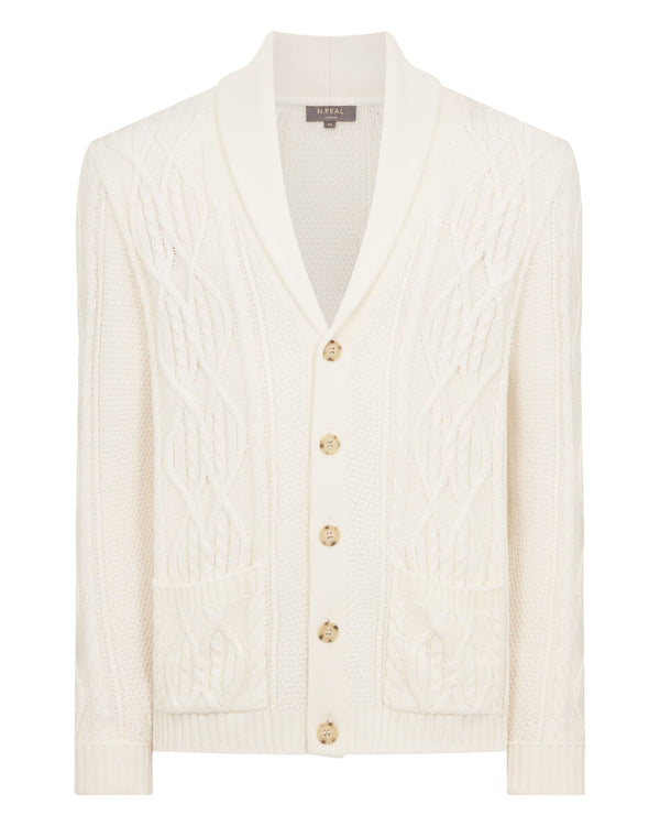 N.Peal Men's Cable Shawl Cotton Blend Cardigan New Ivory White