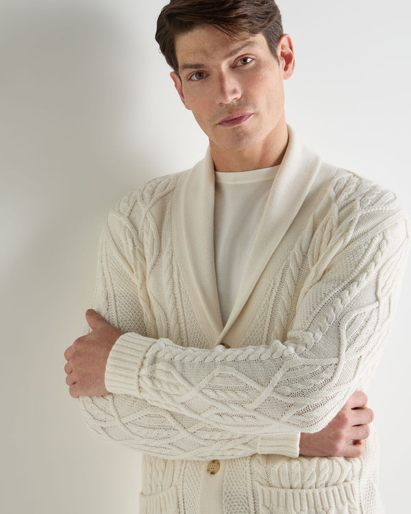 N.Peal Men's Cable Shawl Cotton Blend Cardigan New Ivory White