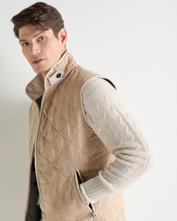 N.Peal Men's Herringbone Linen Blend Vest Light Brown