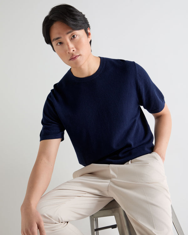 N.Peal Men's Pique Linen Blend Tee Deep French Blue