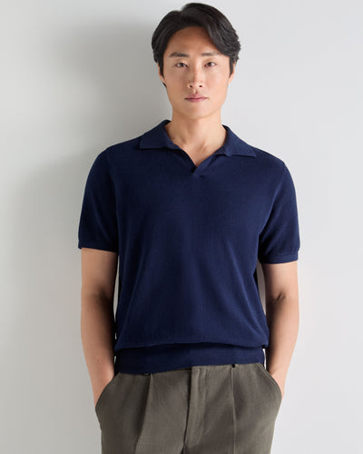 N.Peal Men's Pique Linen Blend Polo Deep French Blue