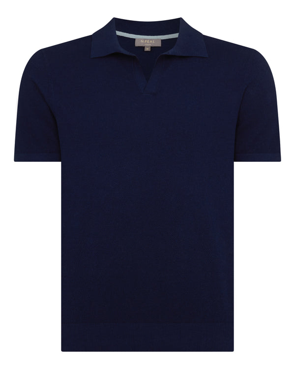 N.Peal Men's Pique Linen Blend Polo Deep French Blue