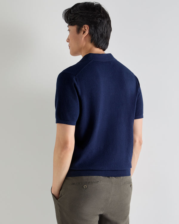 N.Peal Men's Pique Linen Blend Polo Deep French Blue