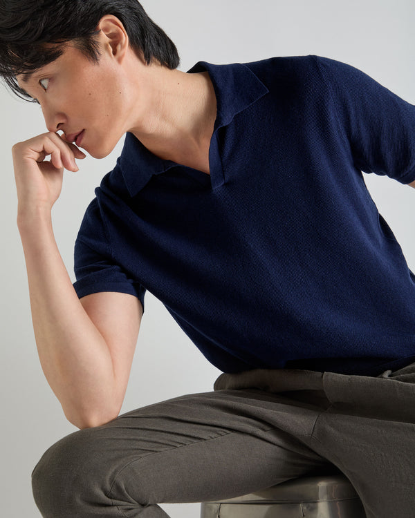 N.Peal Men's Pique Linen Blend Polo Deep French Blue