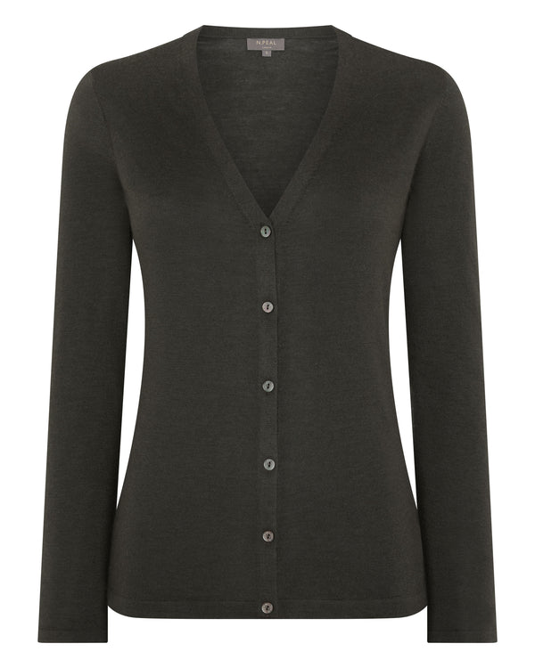 N.Peal Women's Mia Superfine Cashmere V Neck Cardigan Arabica Khaki Green