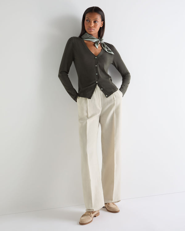 N.Peal Women's Mia Superfine Cashmere V Neck Cardigan Arabica Khaki Green