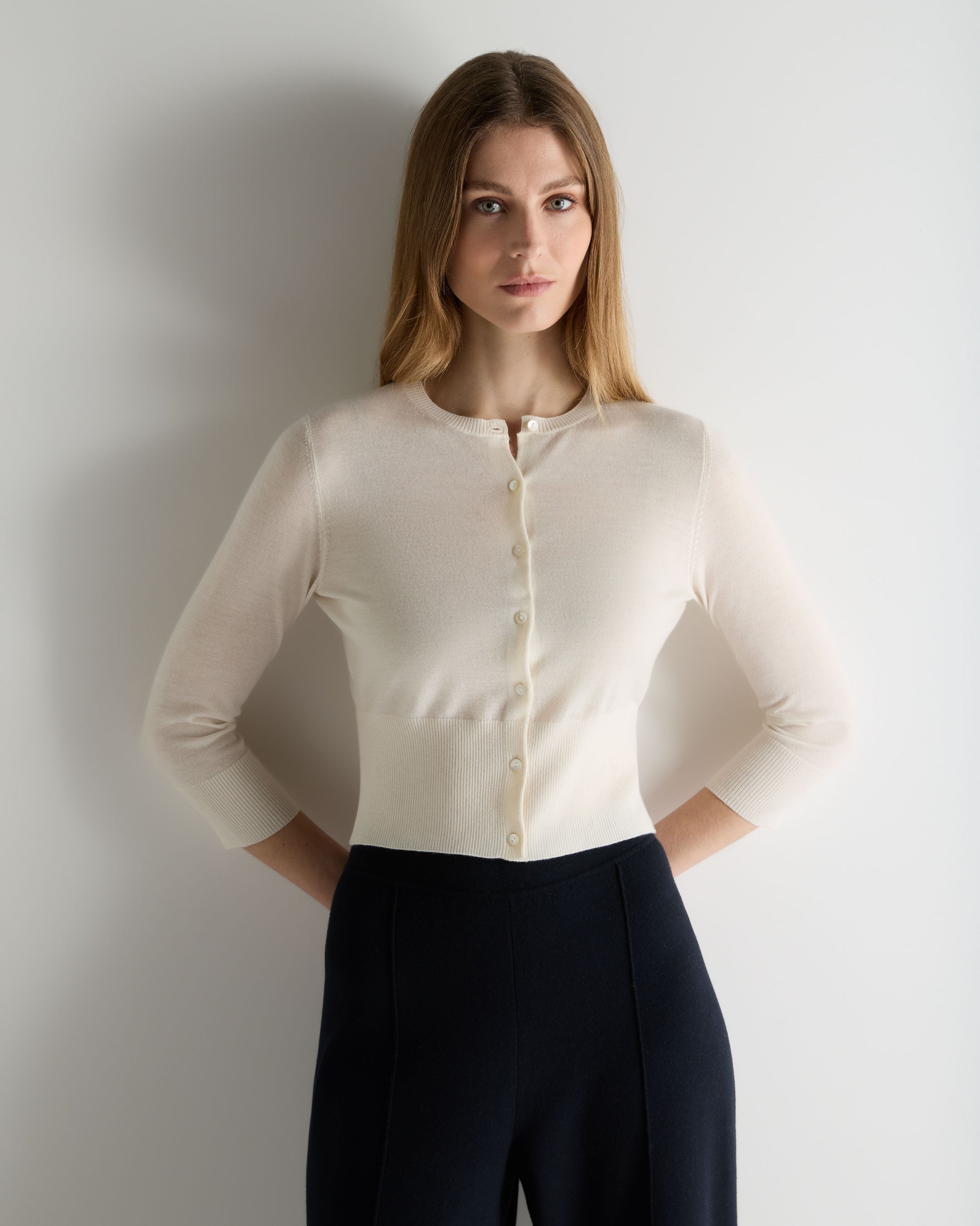 Women's Superfine Cashmere Cropped Cardigan New Ivory White | N.Peal