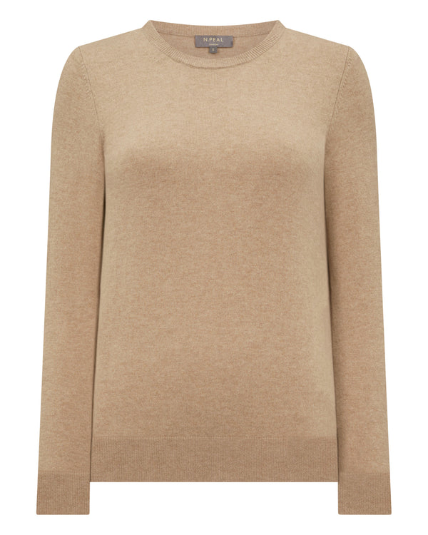 N.Peal Women's Evie Classic Round Neck Cashmere Jumper Cappuccino Brown