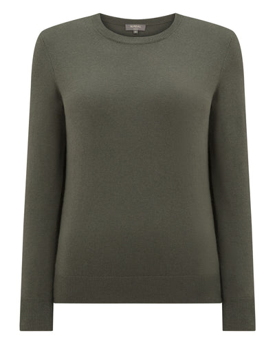 N.Peal Women's Evie Classic Round Neck Cashmere Jumper Olive Green