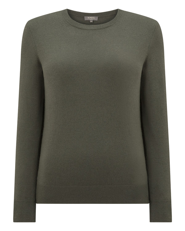 N.Peal Women's Evie Classic Round Neck Cashmere Jumper Olive Green