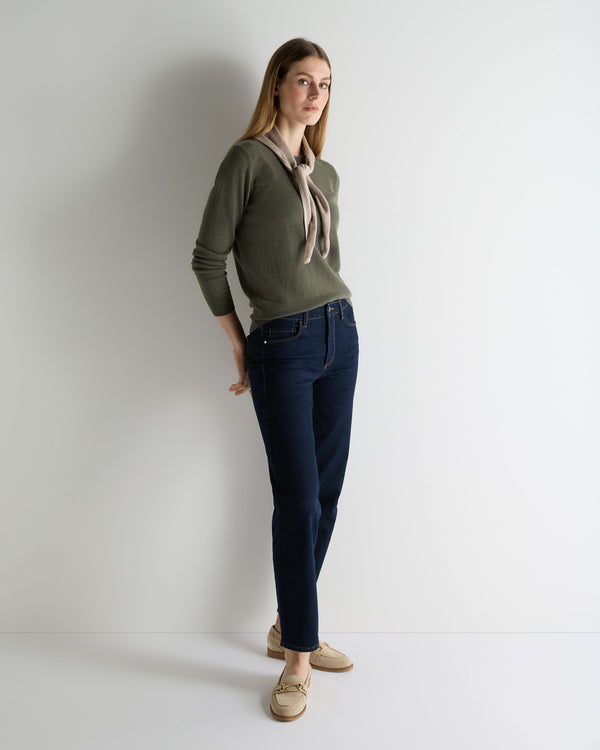 N.Peal Women's Evie Classic Round Neck Cashmere Jumper Olive Green