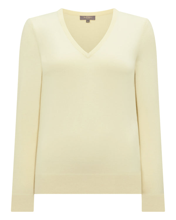 N.Peal Women's Phoebe V Neck Cashmere Jumper Butter Yellow