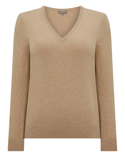 N.Peal Women's Phoebe V Neck Cashmere Jumper Cappuccino Brown