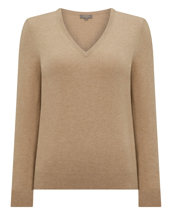 N.Peal Women's Phoebe V Neck Cashmere Jumper Cappuccino Brown