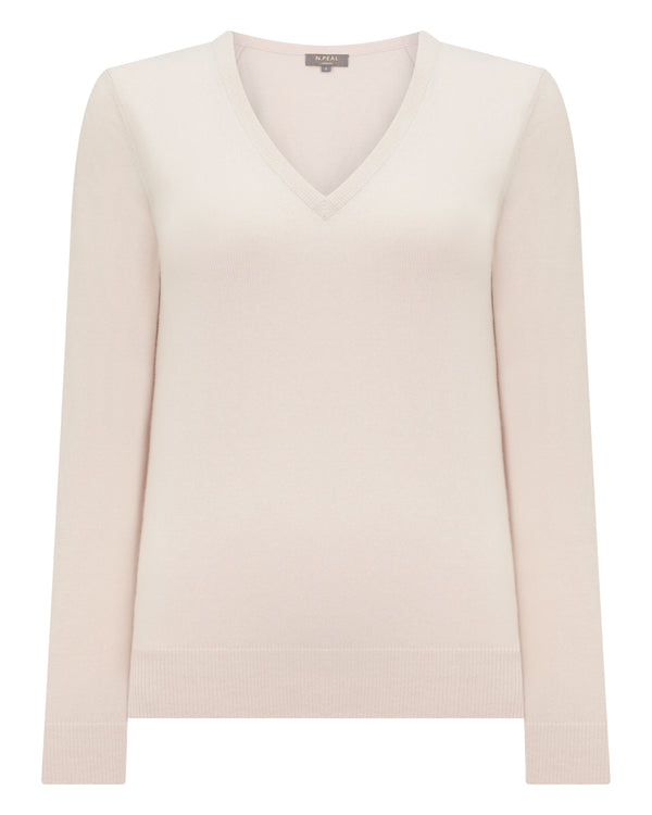 N.Peal Women's Phoebe V Neck Cashmere Jumper Dove Pink