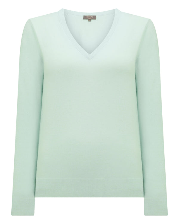 N.Peal Women's Phoebe V Neck Cashmere Jumper Mint Green
