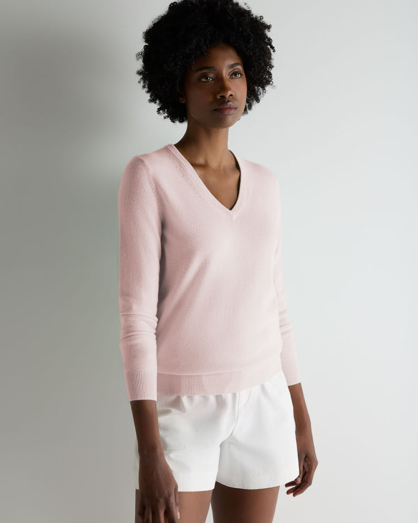 N.Peal Women's Phoebe V Neck Cashmere Jumper Powder Pink
