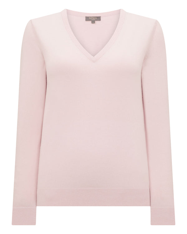 N.Peal Women's Phoebe V Neck Cashmere Jumper Powder Pink