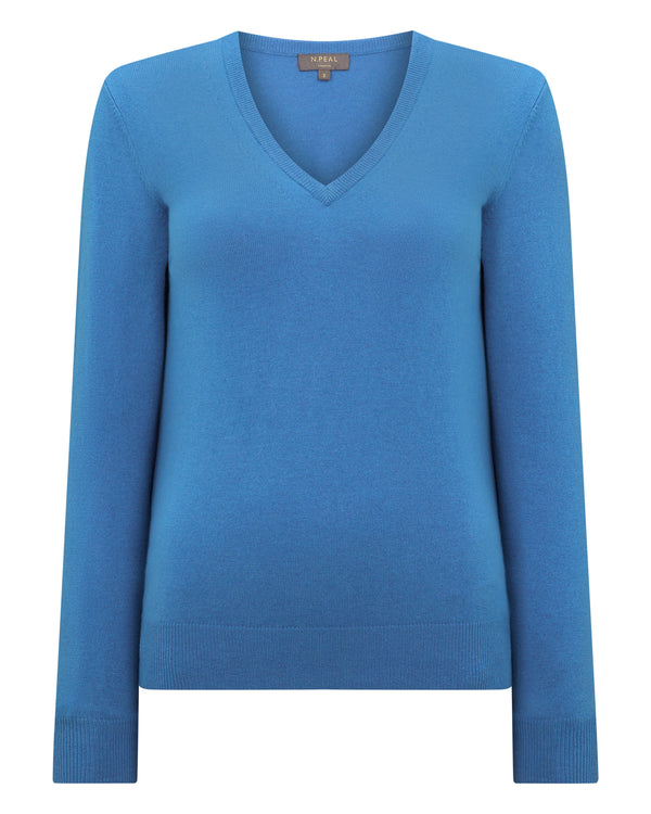N.Peal Women's Phoebe V Neck Cashmere Jumper Sunshine Blue