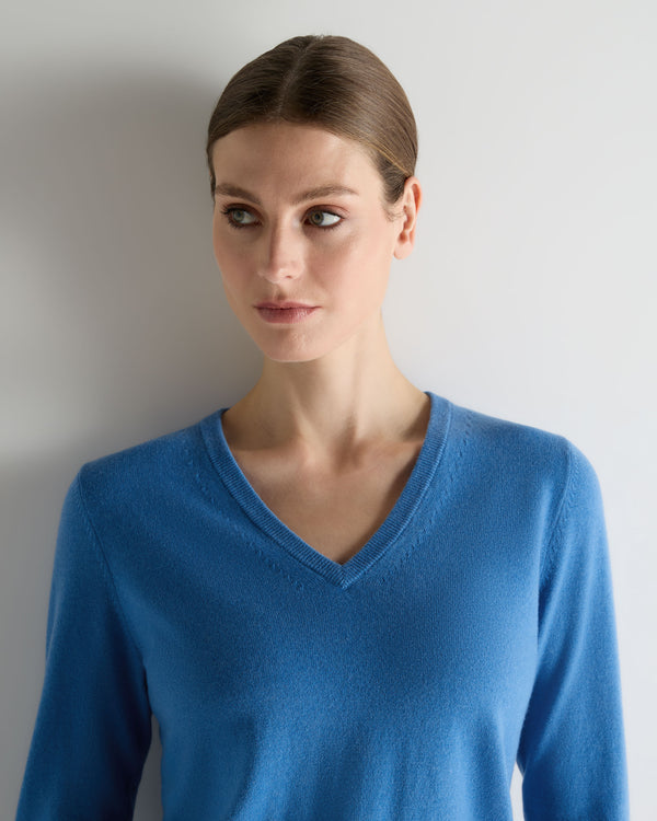 N.Peal Women's Phoebe V Neck Cashmere Jumper Sunshine Blue