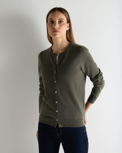 N.Peal Women's Olivia Round Neck Cashmere Cardigan Olive Green