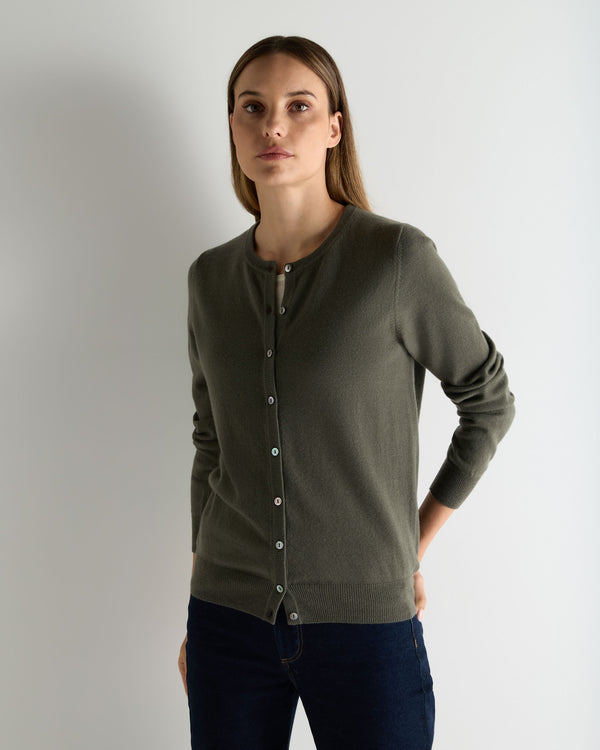 N.Peal Women's Olivia Round Neck Cashmere Cardigan Olive Green