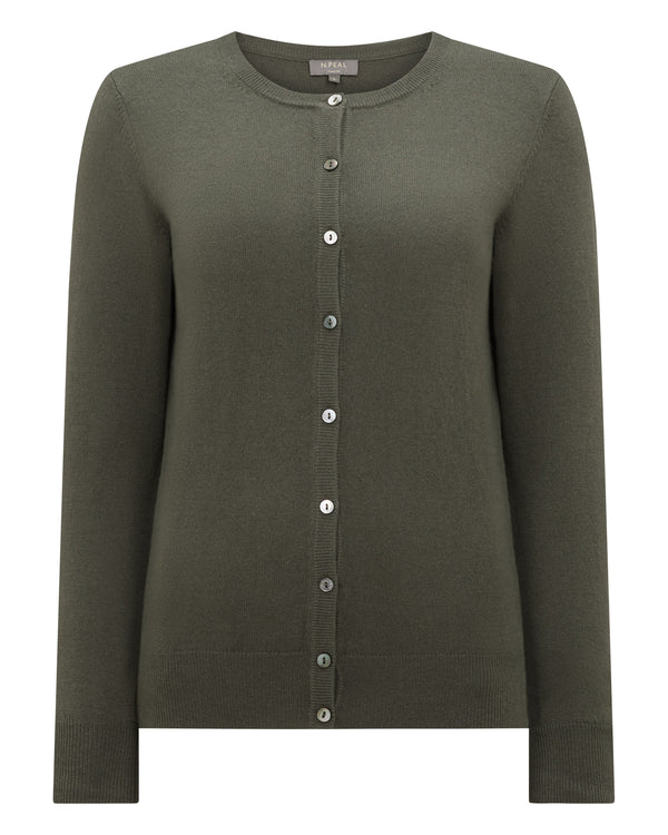 N.Peal Women's Olivia Round Neck Cashmere Cardigan Olive Green