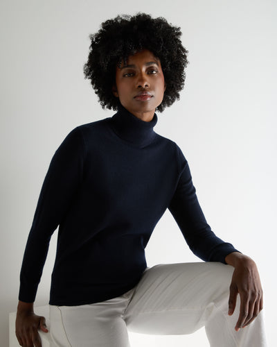 N.Peal Women's Luna Roll Neck Cashmere Jumper Navy Blue