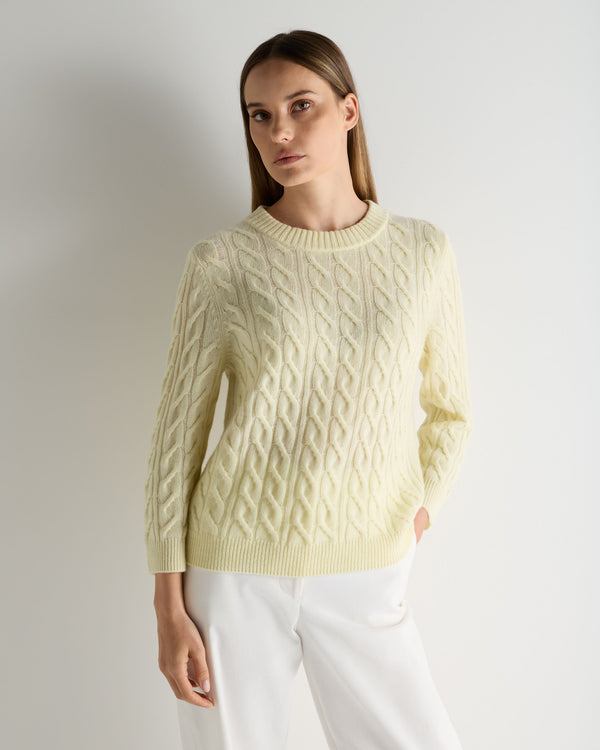 N.Peal Women's Emilia Cable Round Neck Cashmere Jumper Butter Yellow