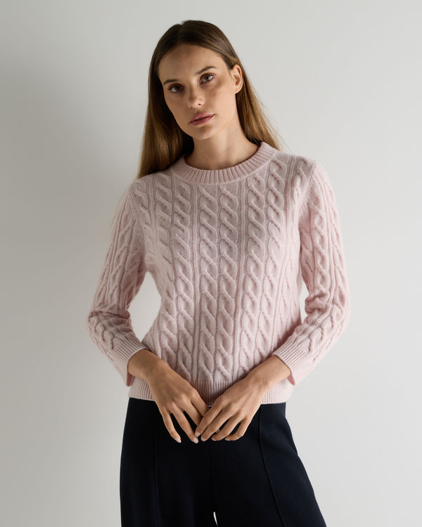 N.Peal Women's Emilia Cable Round Neck Cashmere Jumper Powder Pink