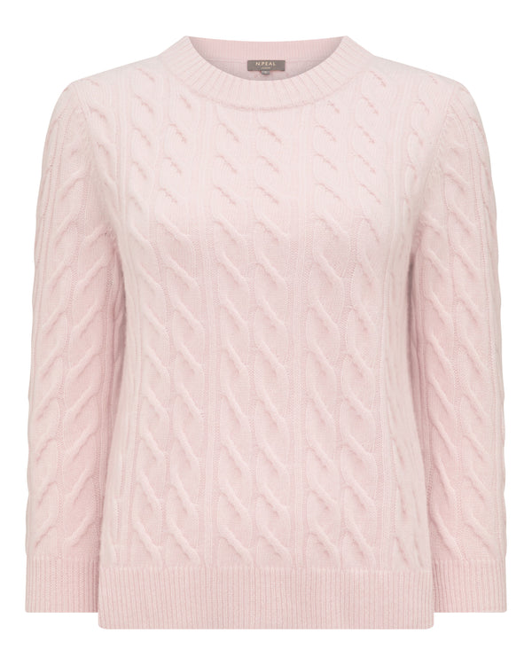N.Peal Women's Emilia Cable Round Neck Cashmere Jumper Powder Pink