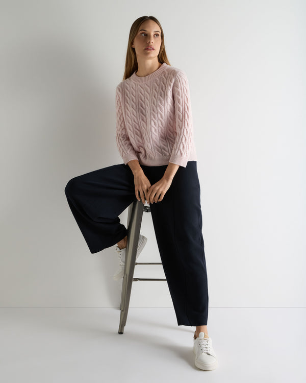 N.Peal Women's Emilia Cable Round Neck Cashmere Jumper Powder Pink