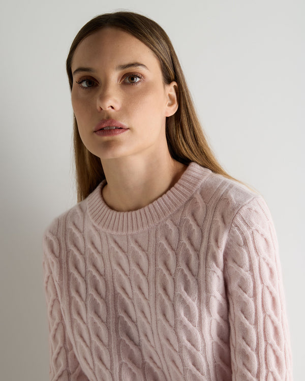N.Peal Women's Emilia Cable Round Neck Cashmere Jumper Powder Pink