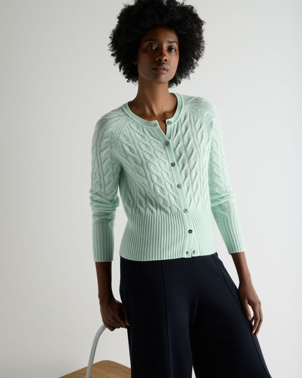 N.Peal Women's Myla Cable Cashmere Cardigan Mint Green