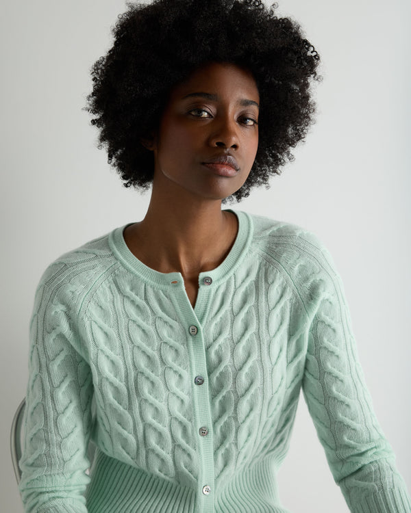 N.Peal Women's Myla Cable Cashmere Cardigan Mint Green