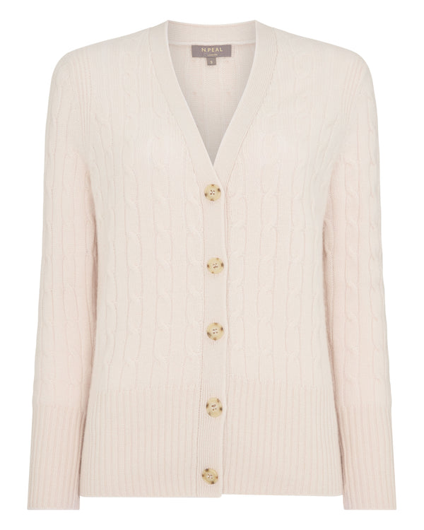 N.Peal Women's Clara Cable V Neck Cashmere Cardigan Dove Pink