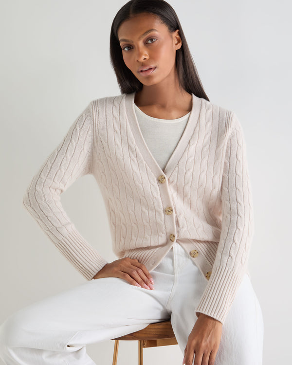 N.Peal Women's Clara Cable V Neck Cashmere Cardigan Dove Pink