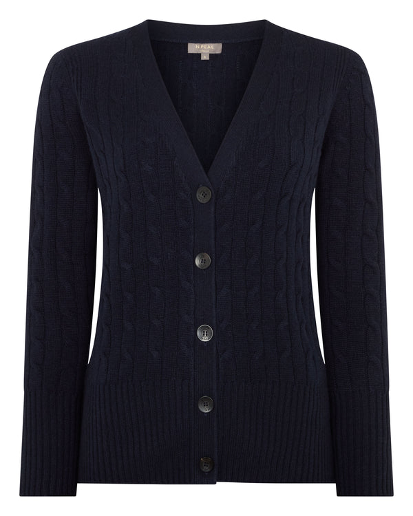 N.Peal Women's Clara Cable V Neck Cashmere Cardigan Navy Blue
