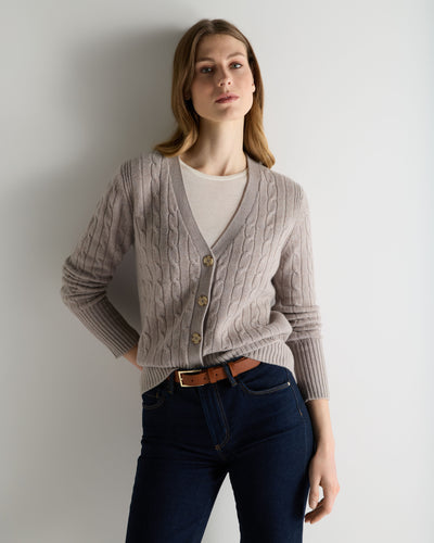 N.Peal Women's Clara Cable V Neck Cashmere Cardigan Oat Grey