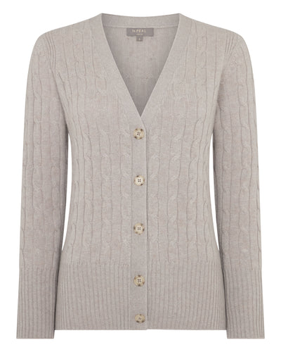 N.Peal Women's Clara Cable V Neck Cashmere Cardigan Oat Grey