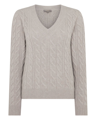 N.Peal Women's Frankie Cable V Neck Cashmere Jumper Oat Grey