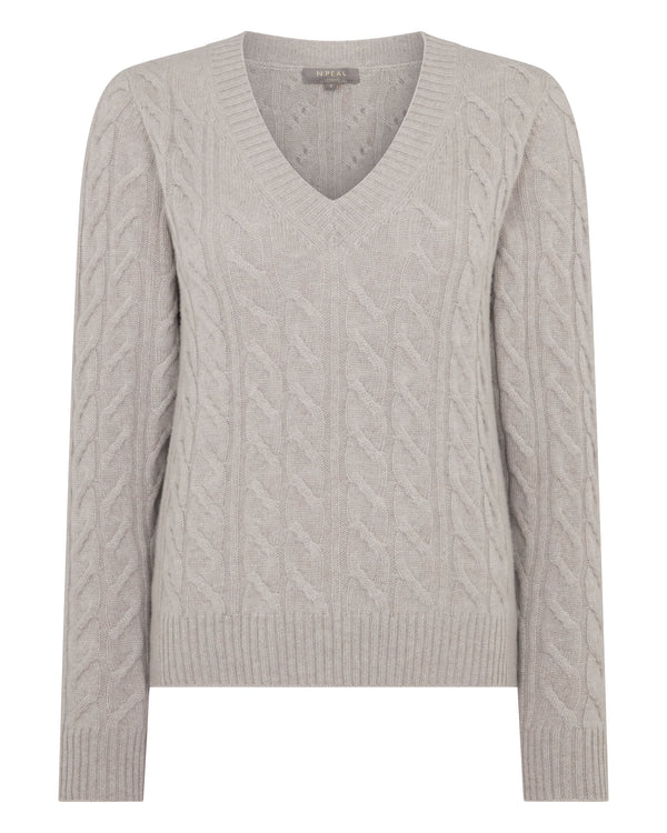 N.Peal Women's Frankie Cable V Neck Cashmere Jumper Oat Grey